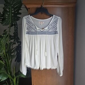 Cape Juby White and Blue Relaxed Blouse with Bib Collar